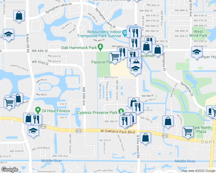 map of restaurants, bars, coffee shops, grocery stores, and more near 9158 Northwest 40th Place in Sunrise
