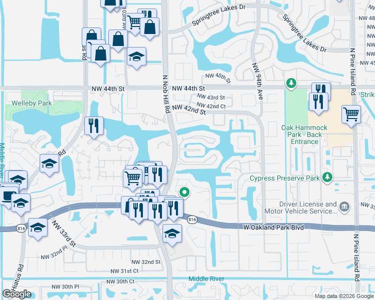 map of restaurants, bars, coffee shops, grocery stores, and more near 9966 Nob Hill Lane in Sunrise