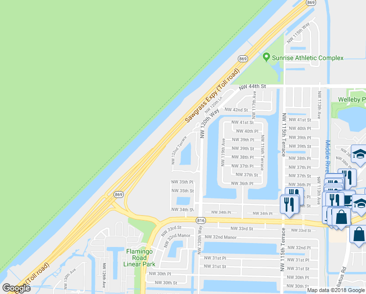 map of restaurants, bars, coffee shops, grocery stores, and more near 3864 Northwest 122nd Terrace in Sunrise