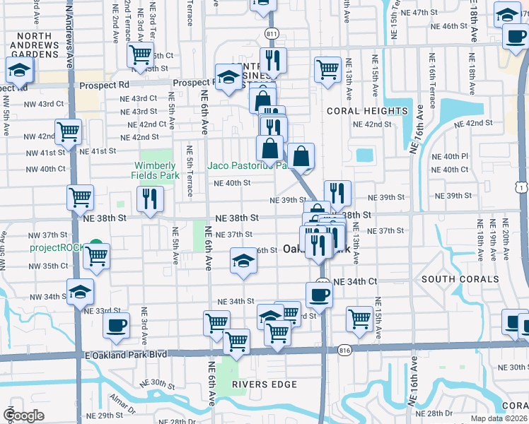map of restaurants, bars, coffee shops, grocery stores, and more near 999 Northeast 39th Street in Oakland Park
