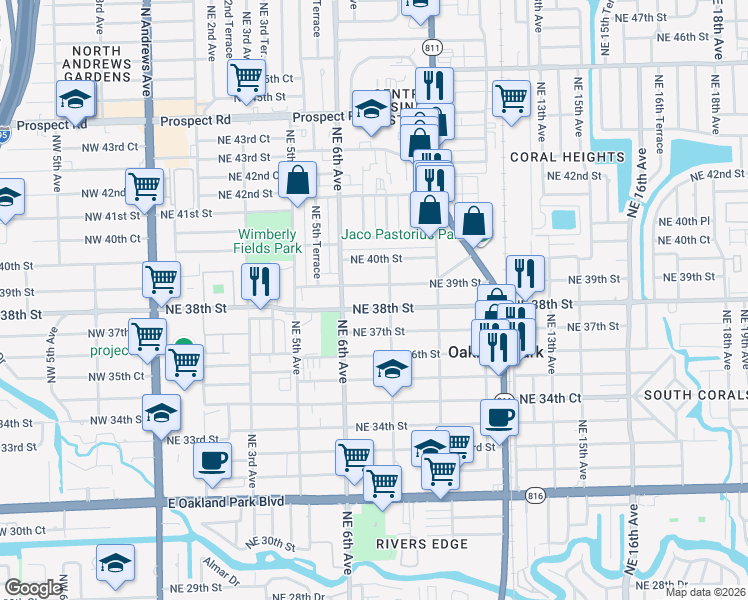 map of restaurants, bars, coffee shops, grocery stores, and more near 701 Northeast 39th Street in Oakland Park