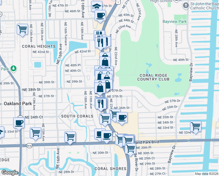 map of restaurants, bars, coffee shops, grocery stores, and more near 3850 North Federal Highway in Fort Lauderdale