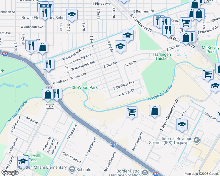 map of restaurants, bars, coffee shops, grocery stores, and more near 110 West Harding Avenue in Harlingen