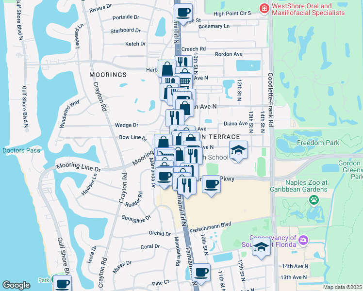 map of restaurants, bars, coffee shops, grocery stores, and more near 2200 9th Street North in Naples