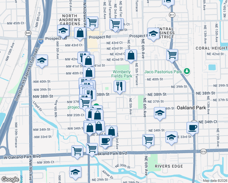 map of restaurants, bars, coffee shops, grocery stores, and more near 291 Northeast 38th Street in Oakland Park