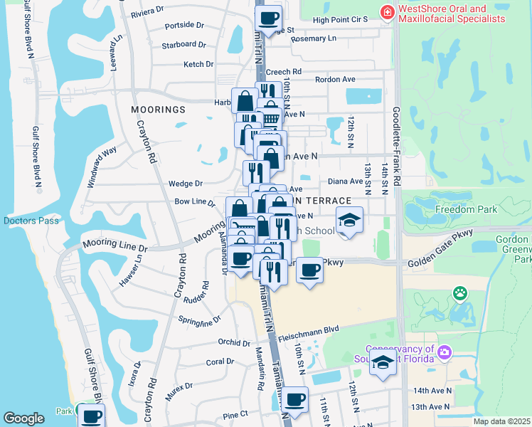 map of restaurants, bars, coffee shops, grocery stores, and more near 2200 9th Street North in Naples
