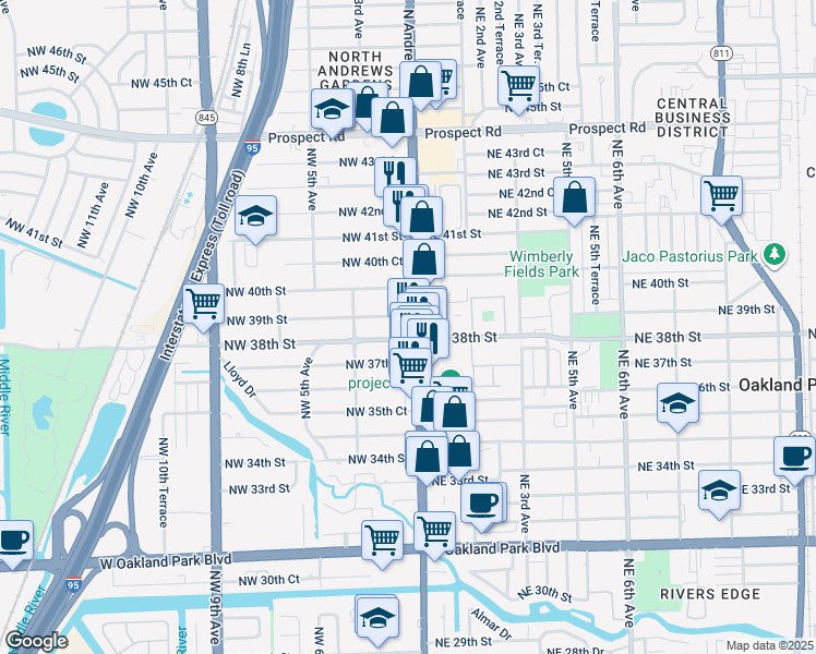 map of restaurants, bars, coffee shops, grocery stores, and more near 3890 North Andrews Avenue in Oakland Park