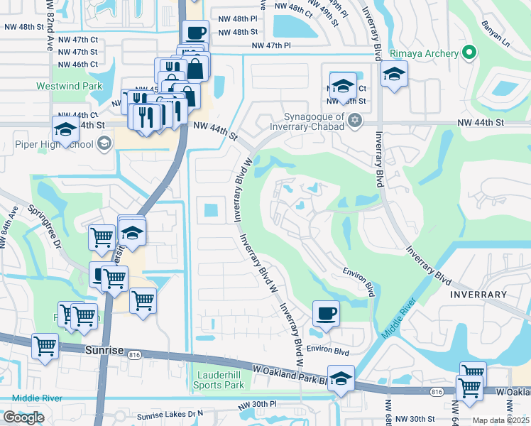 map of restaurants, bars, coffee shops, grocery stores, and more near 7200 Radice Court in Lauderhill
