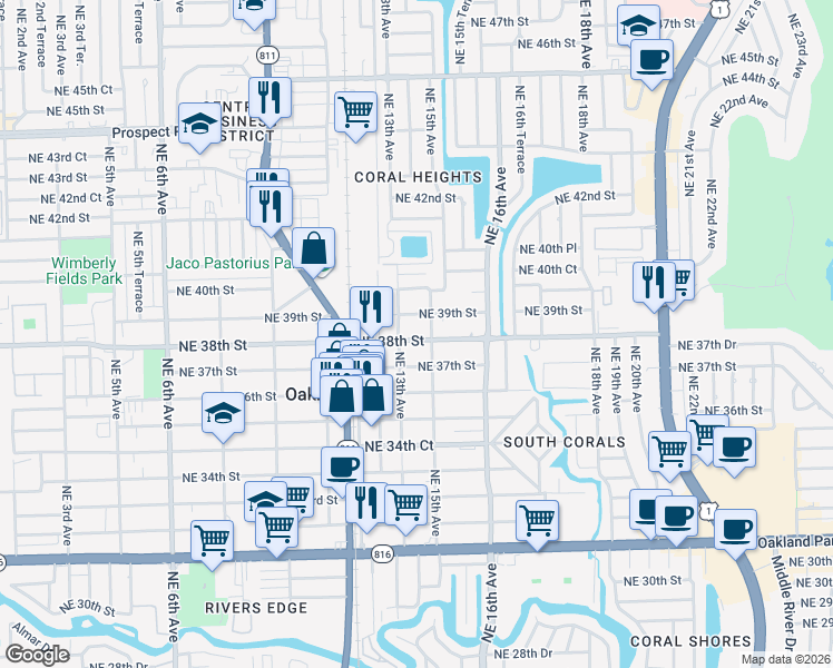 map of restaurants, bars, coffee shops, grocery stores, and more near 1498 Northeast 39th Street in Oakland Park