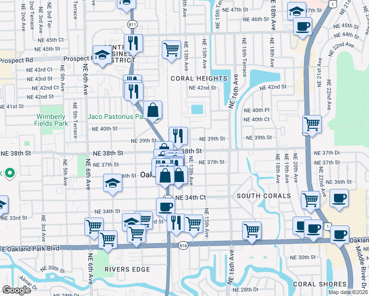 map of restaurants, bars, coffee shops, grocery stores, and more near 1288 Northeast 39th Street in Oakland Park