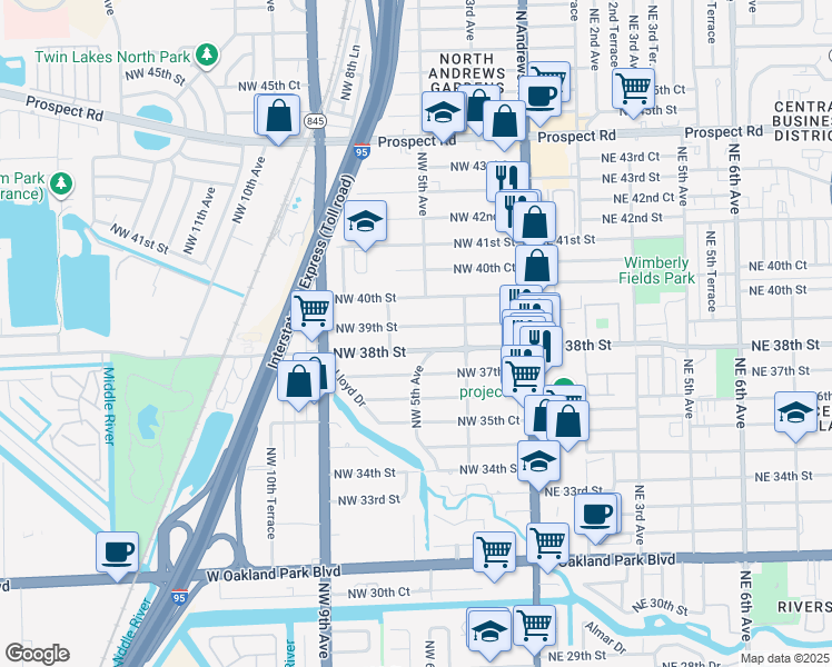 map of restaurants, bars, coffee shops, grocery stores, and more near 531 Northwest 39th Street in Oakland Park