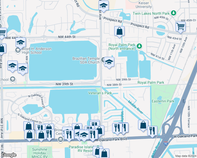 map of restaurants, bars, coffee shops, grocery stores, and more near 112 Lake Emerald Drive in Oakland Park