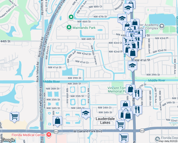 map of restaurants, bars, coffee shops, grocery stores, and more near 4598 Northwest 41st Street in Lauderdale Lakes