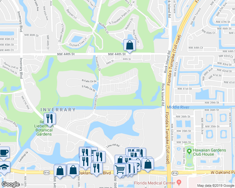 map of restaurants, bars, coffee shops, grocery stores, and more near 4156 Inverrary Drive in Lauderhill