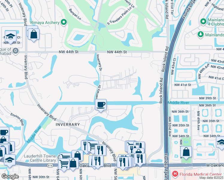 map of restaurants, bars, coffee shops, grocery stores, and more near 4156 Inverrary Drive in Lauderhill