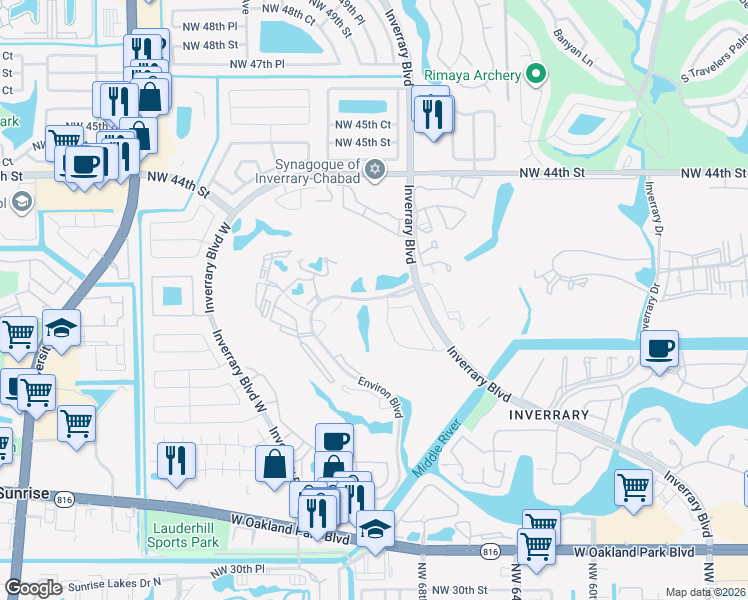 map of restaurants, bars, coffee shops, grocery stores, and more near 6721 Northwest 67th Way in Lauderhill