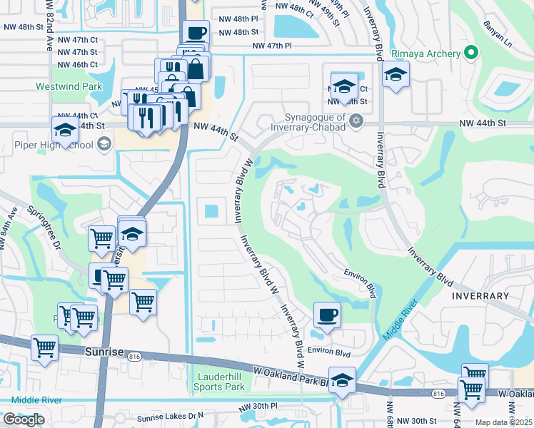 map of restaurants, bars, coffee shops, grocery stores, and more near 7200 Radice Court in Lauderhill
