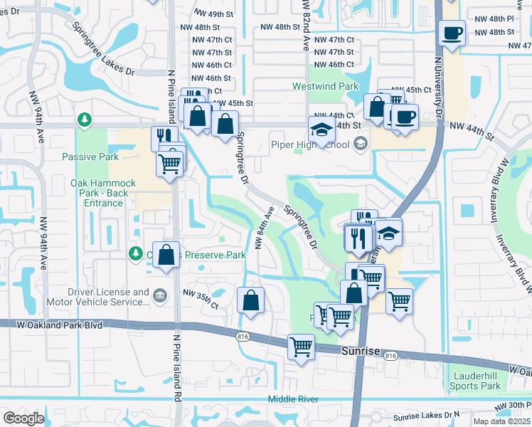 map of restaurants, bars, coffee shops, grocery stores, and more near 8405 Northwest 40th Court in Sunrise