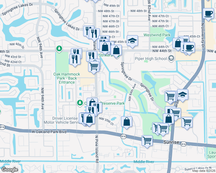 map of restaurants, bars, coffee shops, grocery stores, and more near 1705 Northwest 87th Avenue in Sunrise
