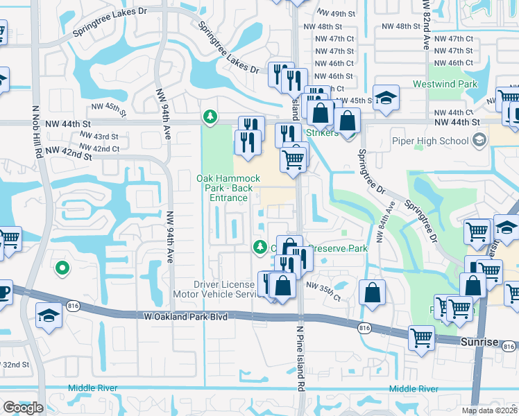 map of restaurants, bars, coffee shops, grocery stores, and more near 41 The Common in Sunrise