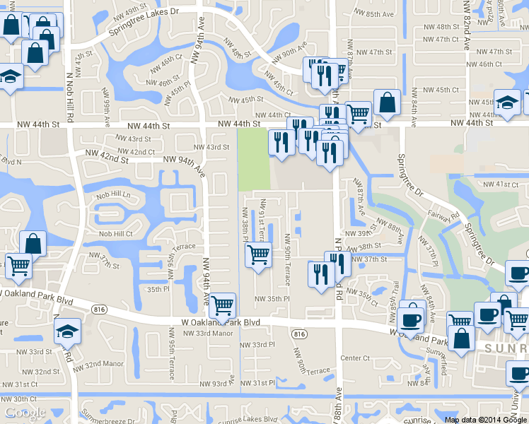 map of restaurants, bars, coffee shops, grocery stores, and more near 9158 Northwest 40th Place in Sunrise