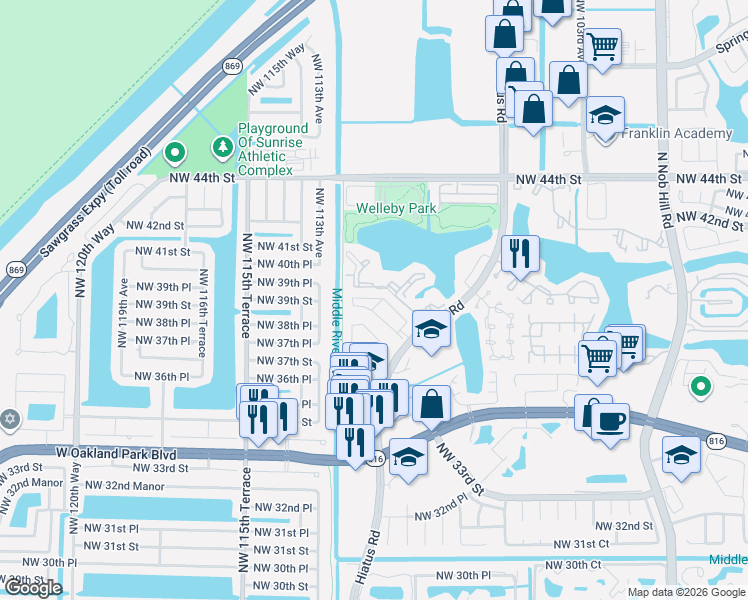 map of restaurants, bars, coffee shops, grocery stores, and more near 11085 Northwest 39th Street in Sunrise