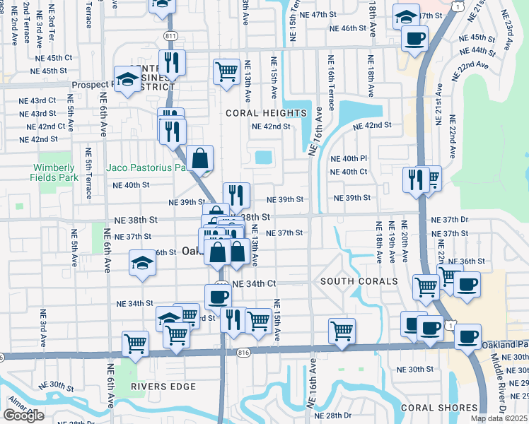 map of restaurants, bars, coffee shops, grocery stores, and more near 1498 Northeast 39th Street in Oakland Park