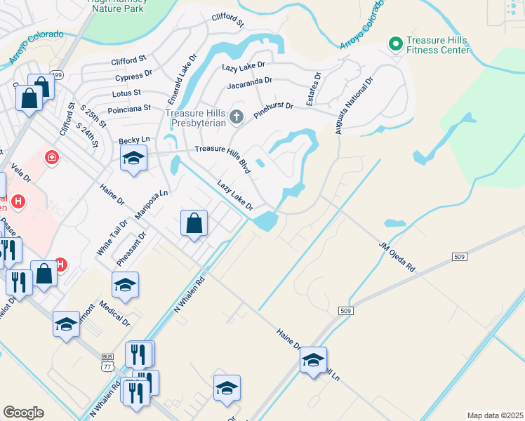 map of restaurants, bars, coffee shops, grocery stores, and more near 1801 Lazy Lake Drive in Harlingen