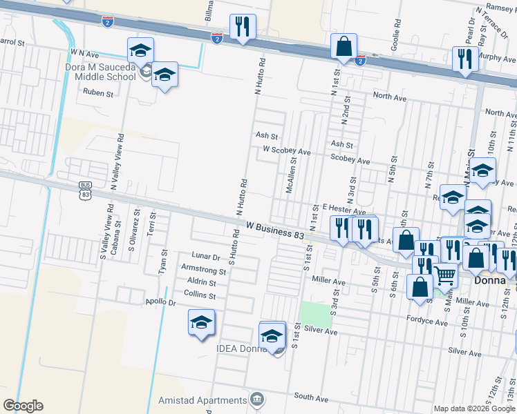 map of restaurants, bars, coffee shops, grocery stores, and more near 401-499 North Hutto Road in Donna