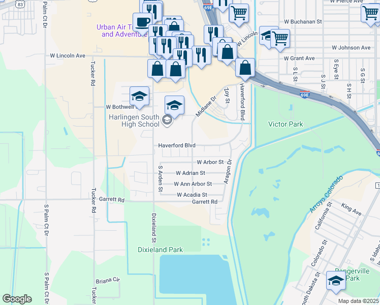 map of restaurants, bars, coffee shops, grocery stores, and more near 1846 Haverford Blvd in Harlingen