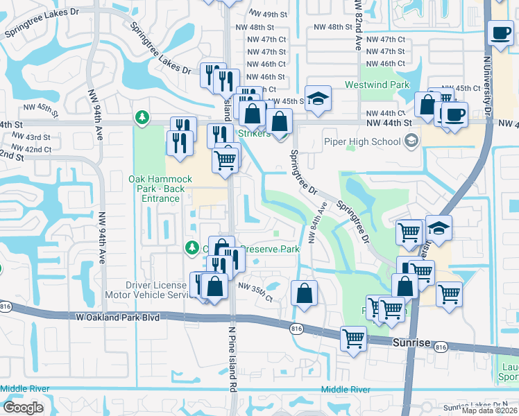 map of restaurants, bars, coffee shops, grocery stores, and more near 1705 Northwest 87th Avenue in Sunrise