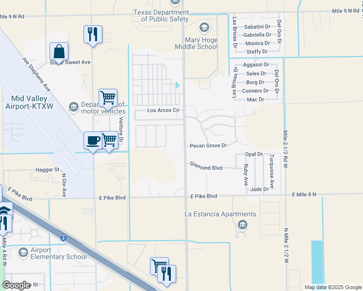 map of restaurants, bars, coffee shops, grocery stores, and more near 1501 North International Boulevard in Weslaco