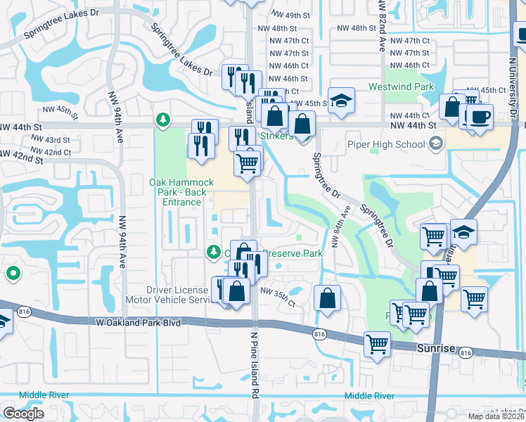 map of restaurants, bars, coffee shops, grocery stores, and more near 4088 Northwest 88th Avenue in Sunrise