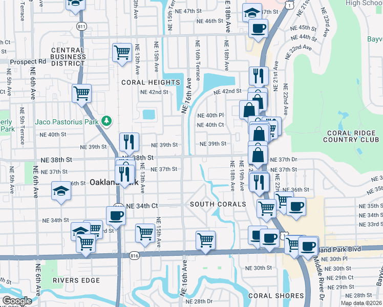 map of restaurants, bars, coffee shops, grocery stores, and more near 3821 Northeast 16th Terrace in Oakland Park