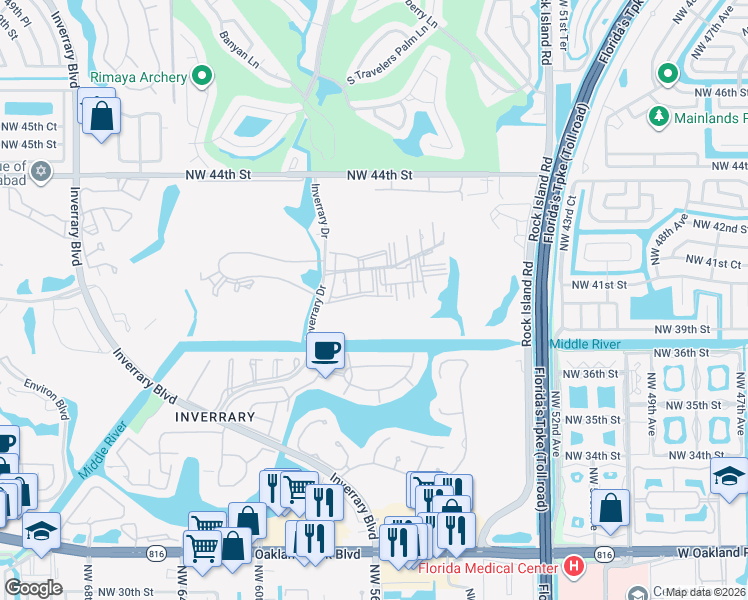 map of restaurants, bars, coffee shops, grocery stores, and more near 4156 Inverrary Drive in Lauderhill