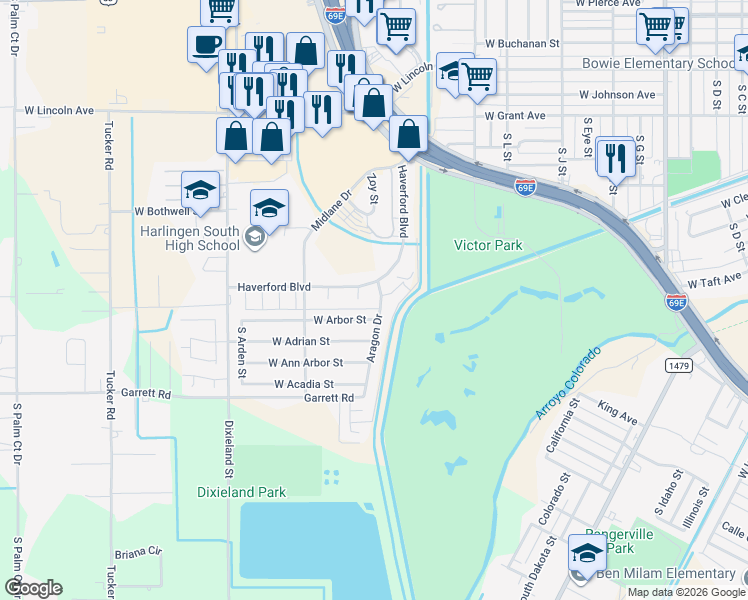 map of restaurants, bars, coffee shops, grocery stores, and more near 1802 Aragon Dr in Harlingen
