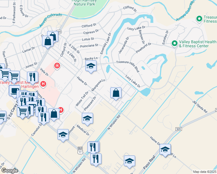 map of restaurants, bars, coffee shops, grocery stores, and more near 2806 Virginia Pine Court in Harlingen