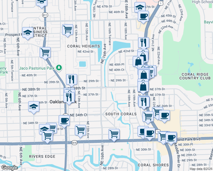map of restaurants, bars, coffee shops, grocery stores, and more near 3821 Northeast 16th Terrace in Oakland Park