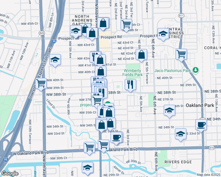 map of restaurants, bars, coffee shops, grocery stores, and more near 130 Northeast 39th Street in Oakland Park