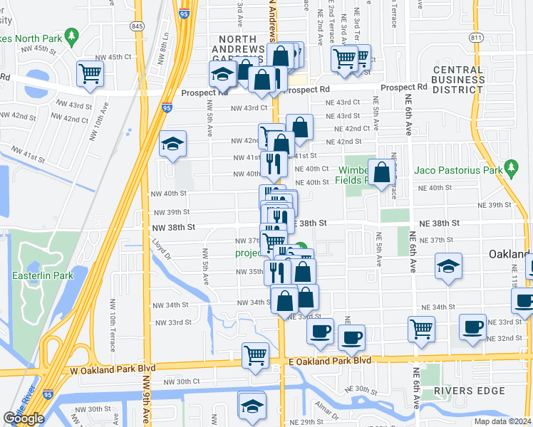map of restaurants, bars, coffee shops, grocery stores, and more near 121 Northwest 39th Street in Oakland Park