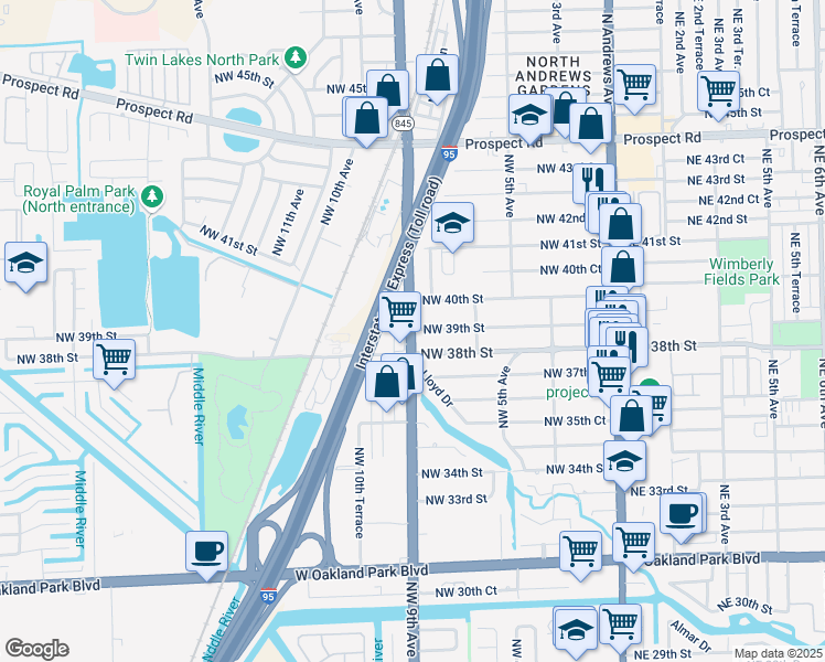 map of restaurants, bars, coffee shops, grocery stores, and more near 841 Northwest 39th Street in Oakland Park