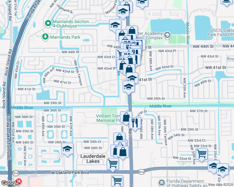 map of restaurants, bars, coffee shops, grocery stores, and more near 3990 Northwest 42nd Avenue in Lauderdale Lakes
