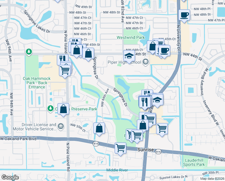 map of restaurants, bars, coffee shops, grocery stores, and more near 8405 Northwest 40th Court in Sunrise