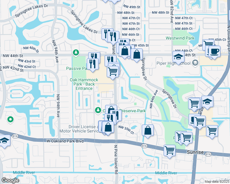 map of restaurants, bars, coffee shops, grocery stores, and more near in Sunrise