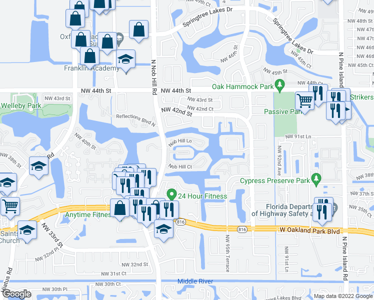 map of restaurants, bars, coffee shops, grocery stores, and more near 9966 Nob Hill Lane in Sunrise