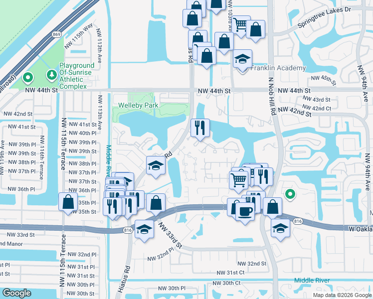 map of restaurants, bars, coffee shops, grocery stores, and more near 3860 Northwest 107th Way in Sunrise
