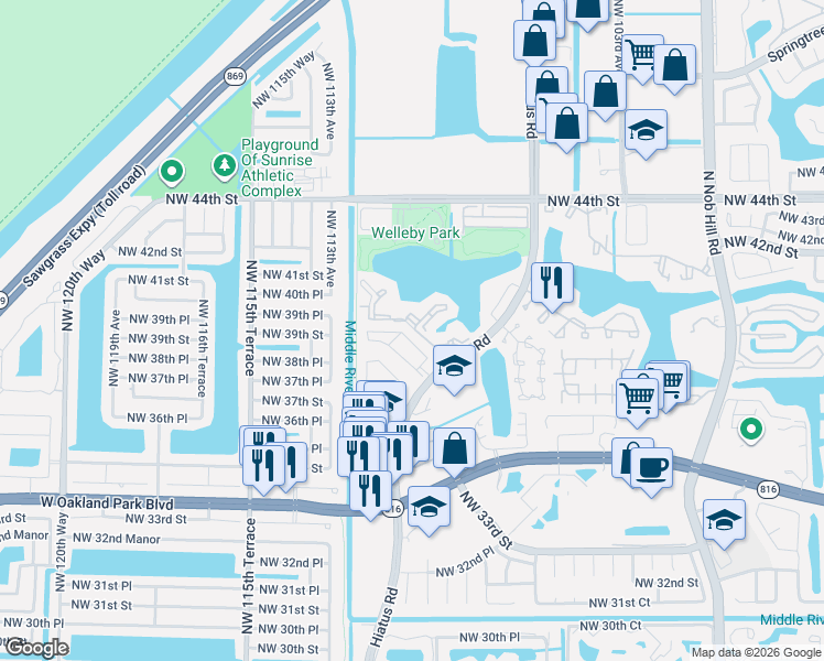map of restaurants, bars, coffee shops, grocery stores, and more near 11055 Northwest 39th Street in Sunrise