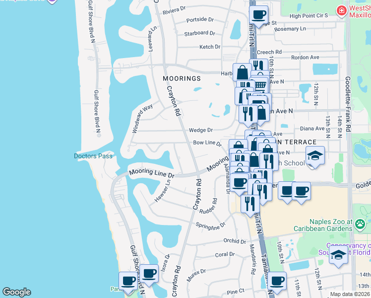 map of restaurants, bars, coffee shops, grocery stores, and more near 510 Bow Line Drive in Naples