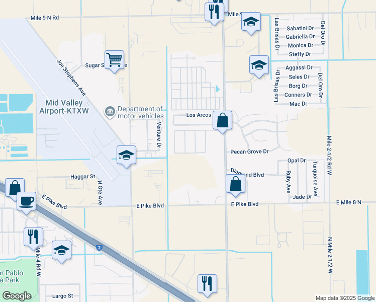 map of restaurants, bars, coffee shops, grocery stores, and more near 3240 Los Arcos Circle in Weslaco