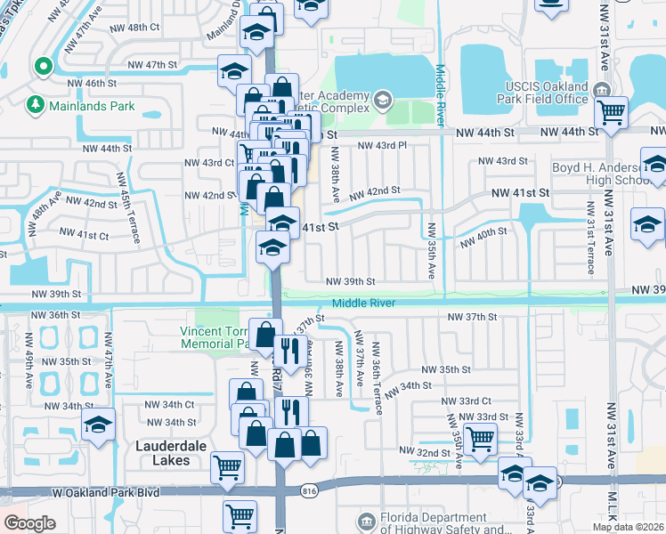 map of restaurants, bars, coffee shops, grocery stores, and more near 3985 Northwest 38th Avenue in Lauderdale Lakes
